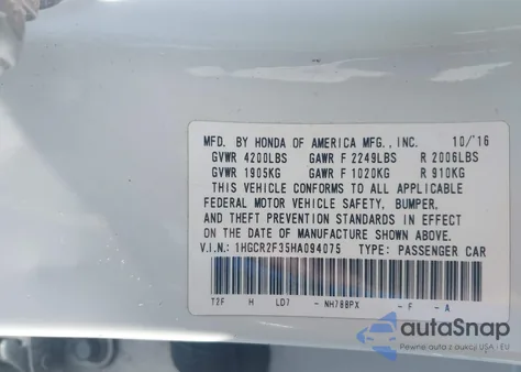 2017 Honda Accord Lx из США, поврежденный, VIN 1HGCR2F35HA094075